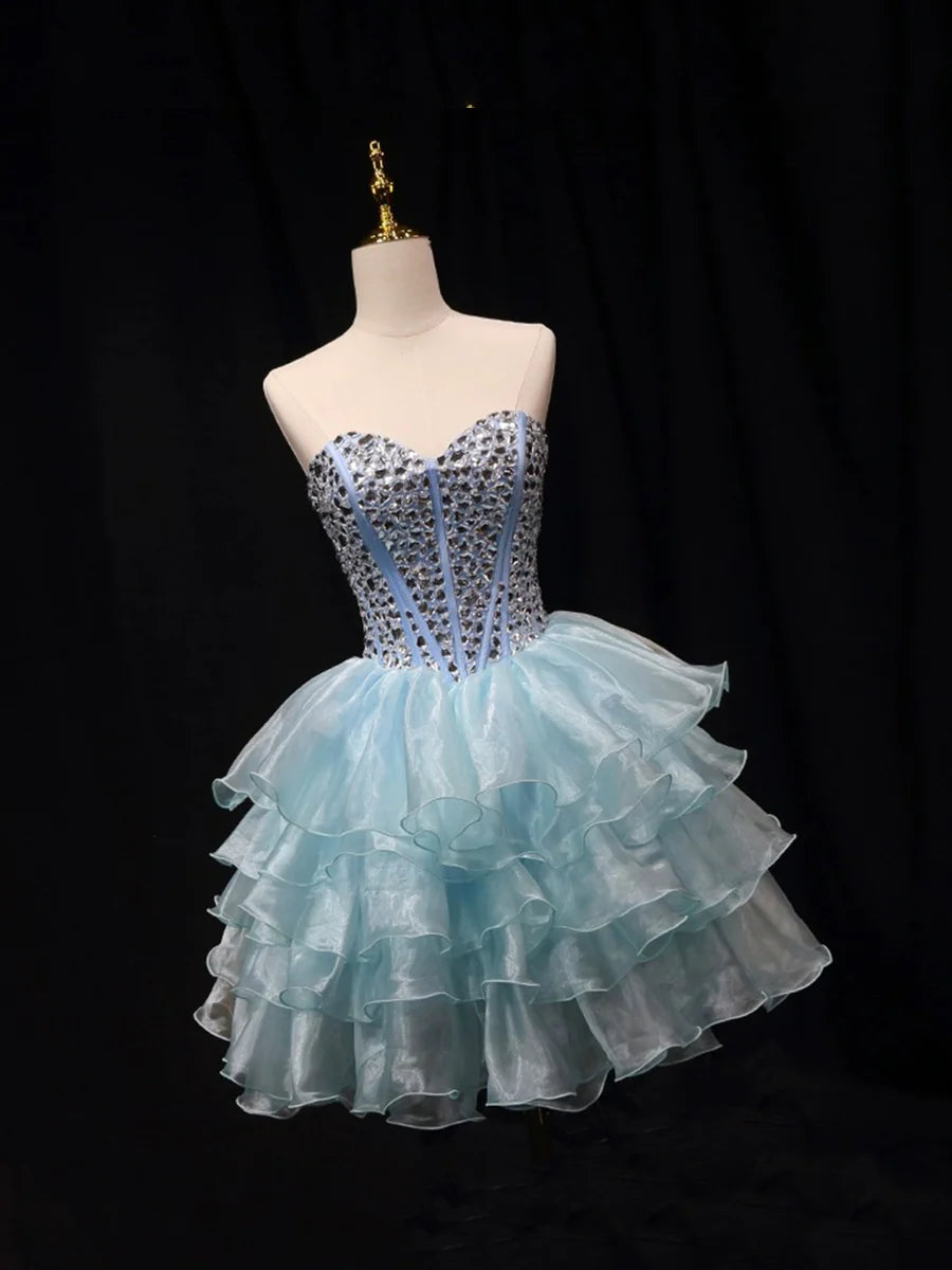 Blue Tulle Crystal Short Party Dress, A-Line Strapless Evening Party Dress TP803