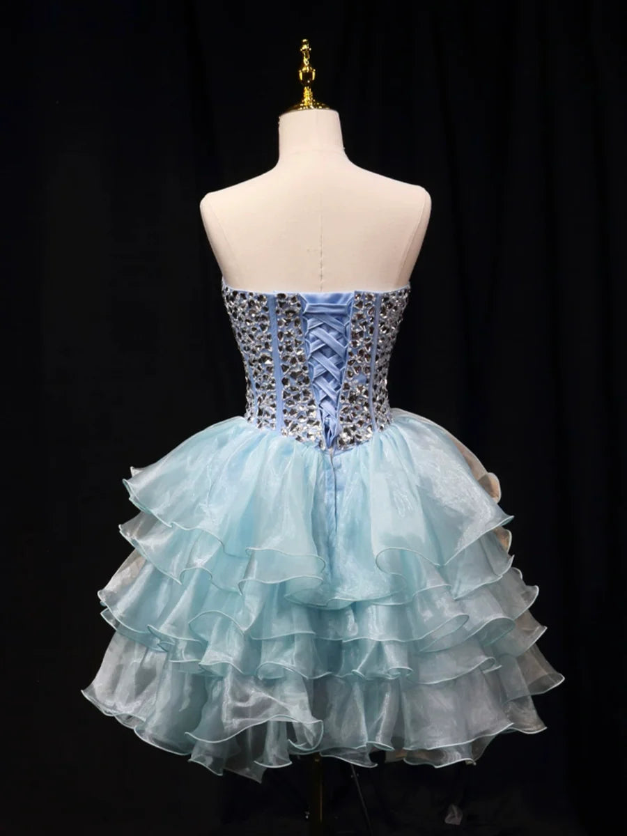 Blue Tulle Crystal Short Party Dress, A-Line Strapless Evening Party Dress TP803