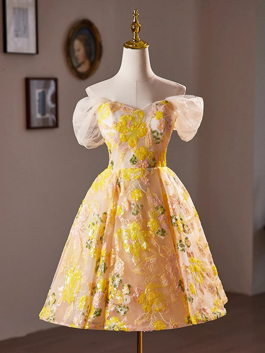 Yellow Floral Sequins Knee Length Prom Dress, Off the Shoulder Evening Party Dress TP804