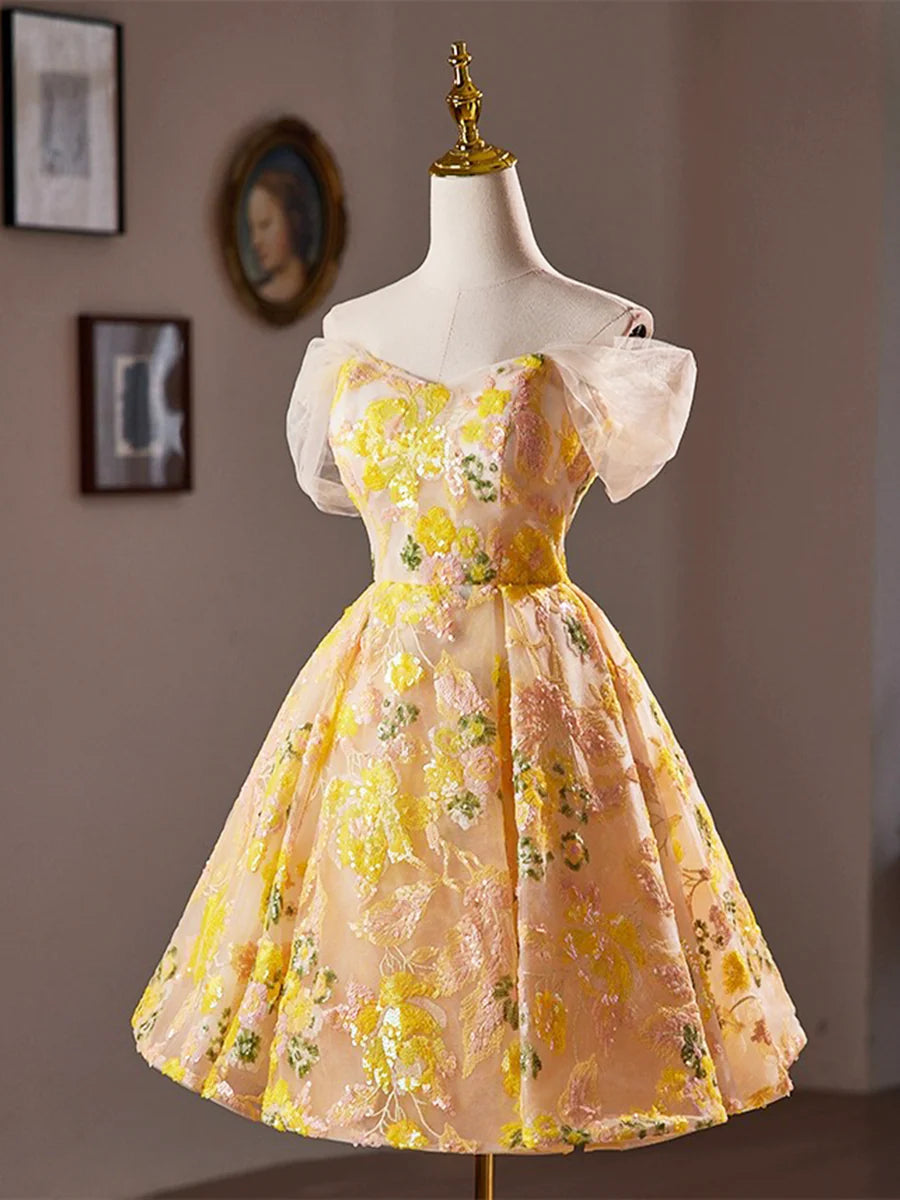 Yellow Floral Sequins Knee Length Prom Dress, Off the Shoulder Evening Party Dress TP804