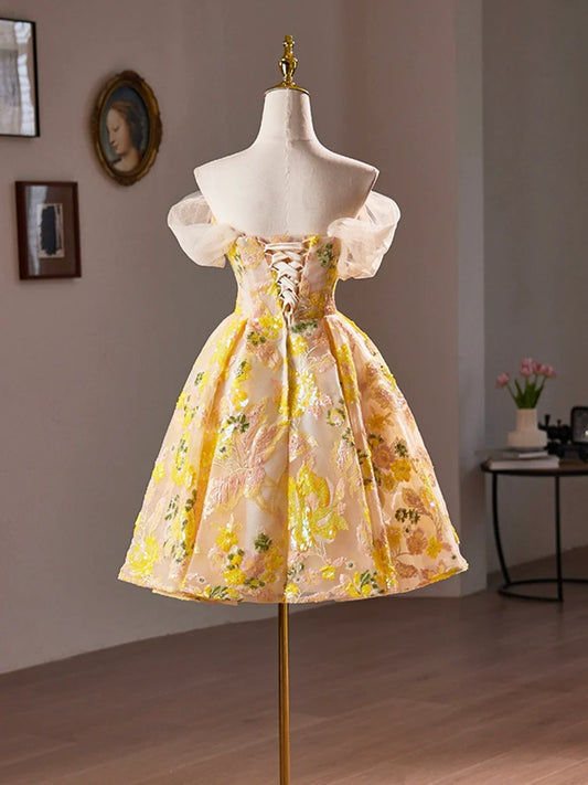 Yellow Floral Sequins Knee Length Prom Dress, Off the Shoulder Evening Party Dress TP804