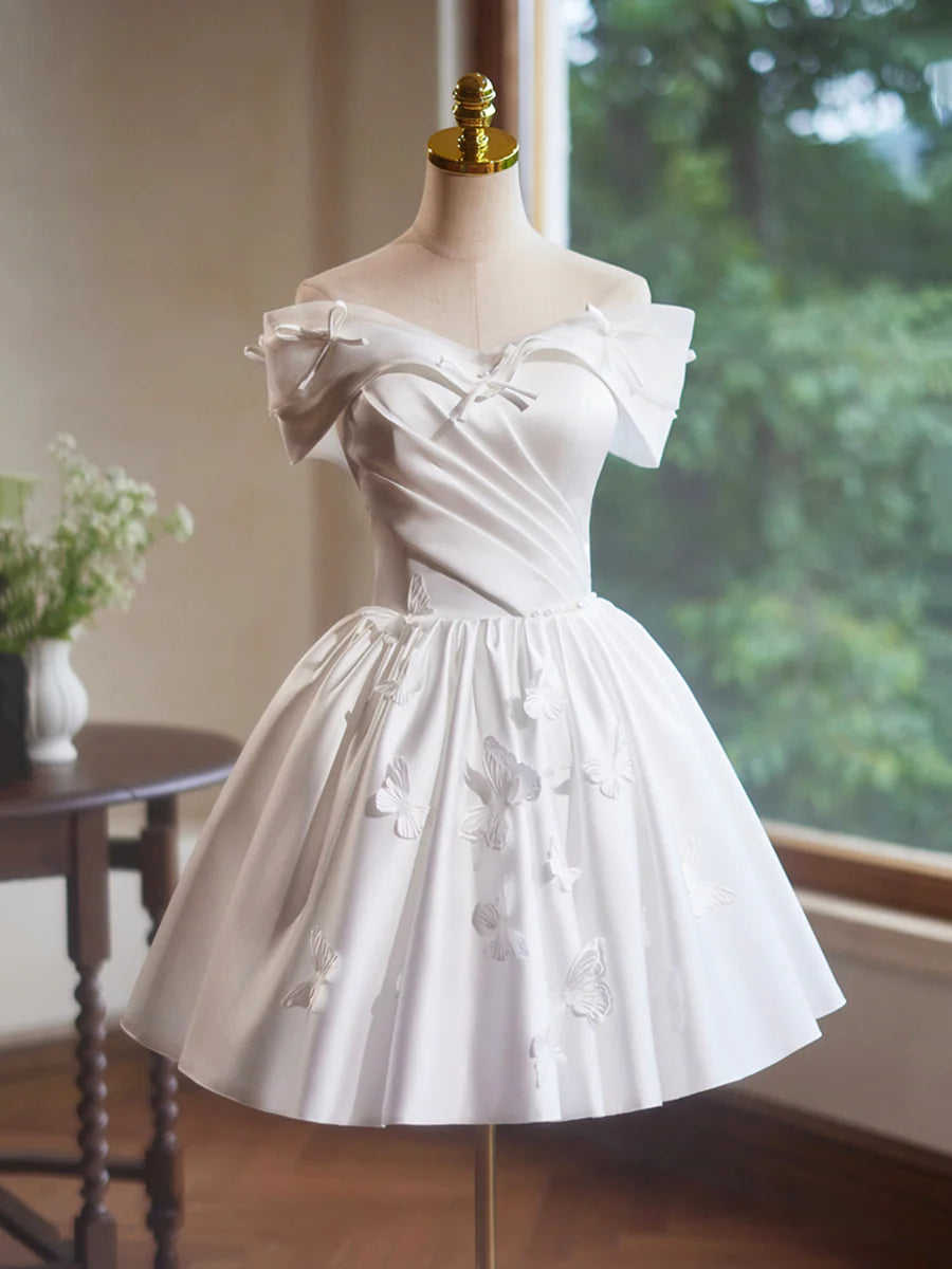 White Satin Butterfly Bow Party Dresses, Lovely A-Line Evening Homecoming Dress TP806