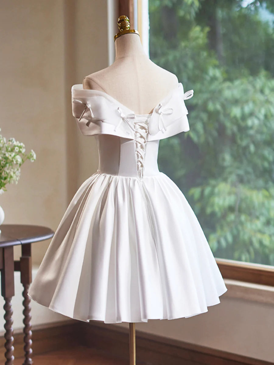 White Satin Butterfly Bow Party Dresses, Lovely A-Line Evening Homecoming Dress TP806