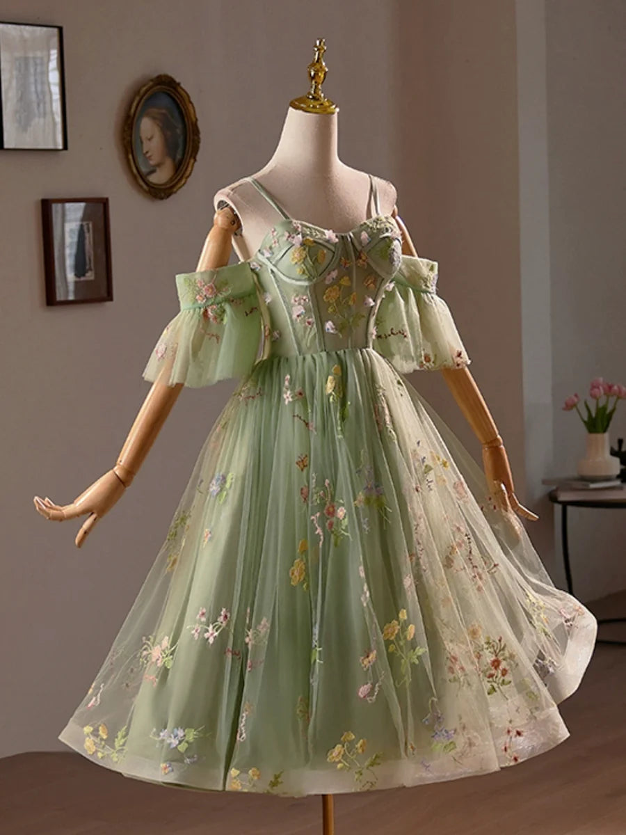 Green Floral Tulle A-Line Knee Length Party Dress, Lovely Spaghetti Strap Evening Prom Dress TP808