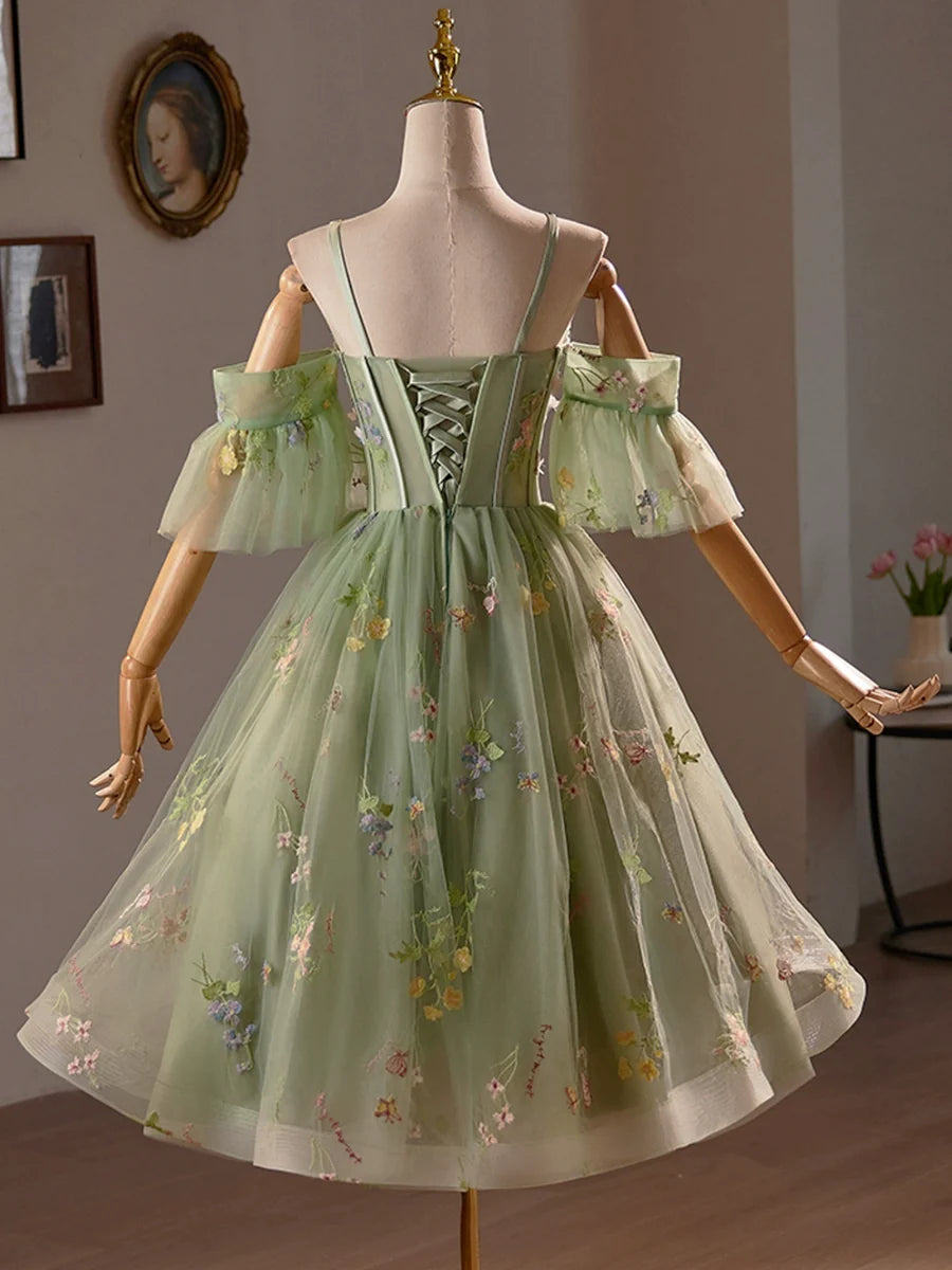 Green Floral Tulle A-Line Knee Length Party Dress, Lovely Spaghetti Strap Evening Prom Dress TP808