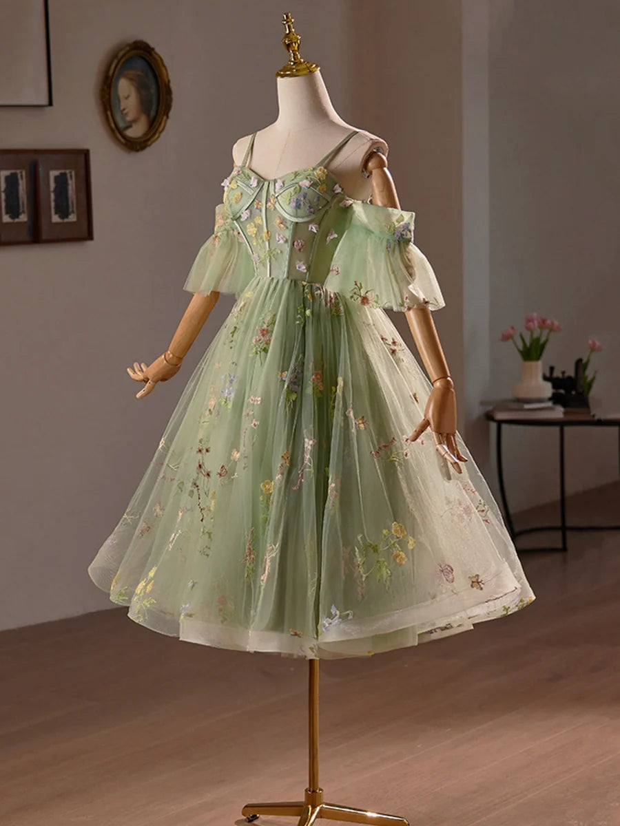 Green Floral Tulle A-Line Knee Length Party Dress, Lovely Spaghetti Strap Evening Prom Dress TP808