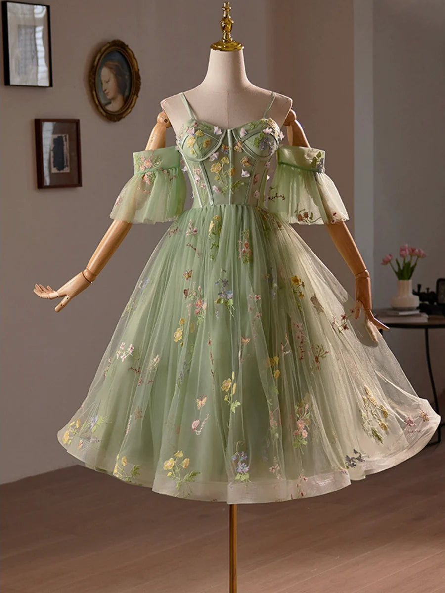 Green Floral Tulle A-Line Knee Length Party Dress, Lovely Spaghetti Strap Evening Prom Dress TP808