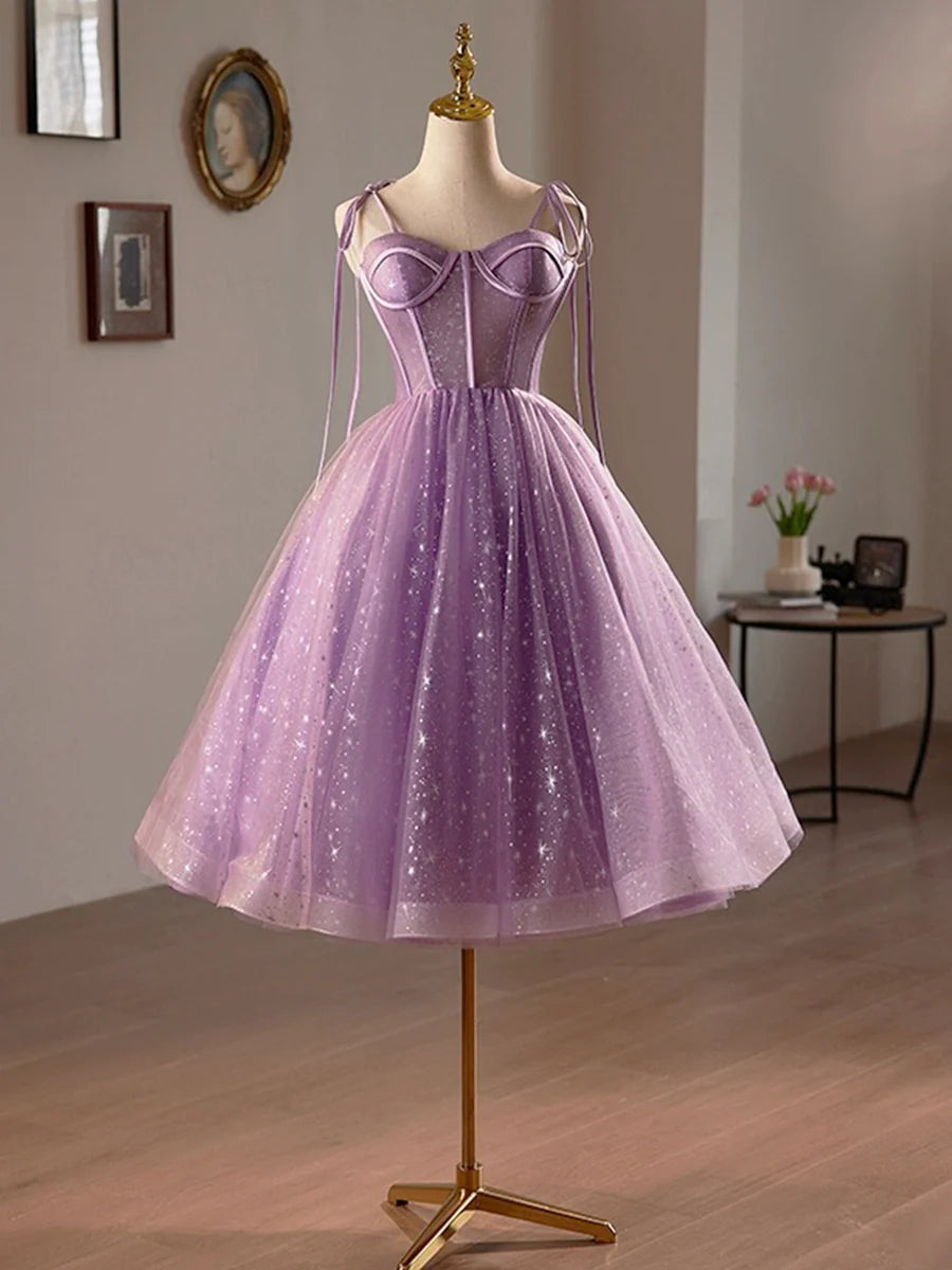 Purple Tulle A-Line Knee Length Party Dress, Lovely Spaghetti Strap Evening Prom Dress TP809