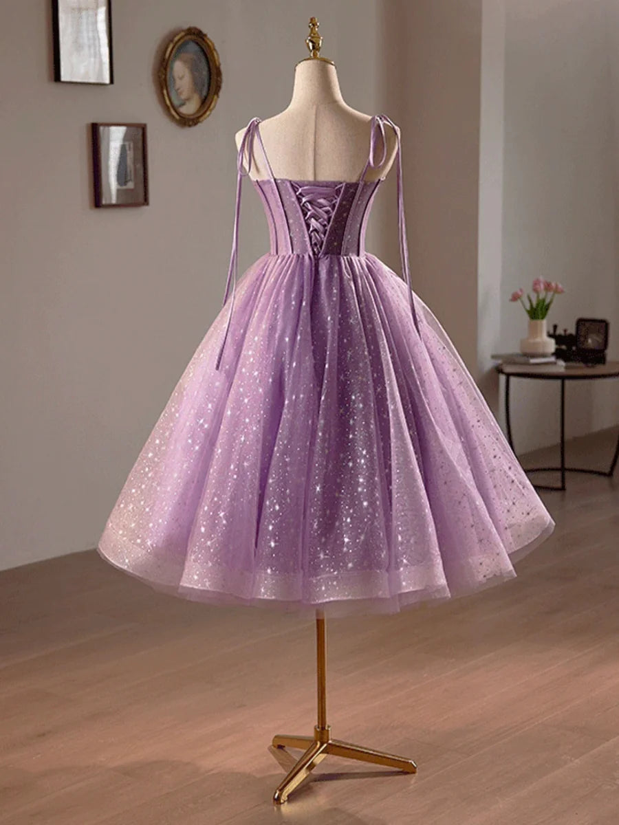 Purple Tulle A-Line Knee Length Party Dress, Lovely Spaghetti Strap Evening Prom Dress TP809