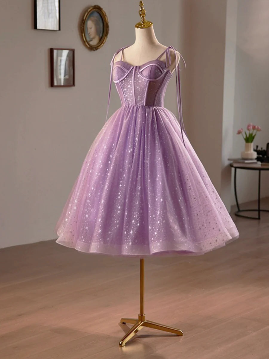 Purple Tulle A-Line Knee Length Party Dress, Lovely Spaghetti Strap Evening Prom Dress TP809