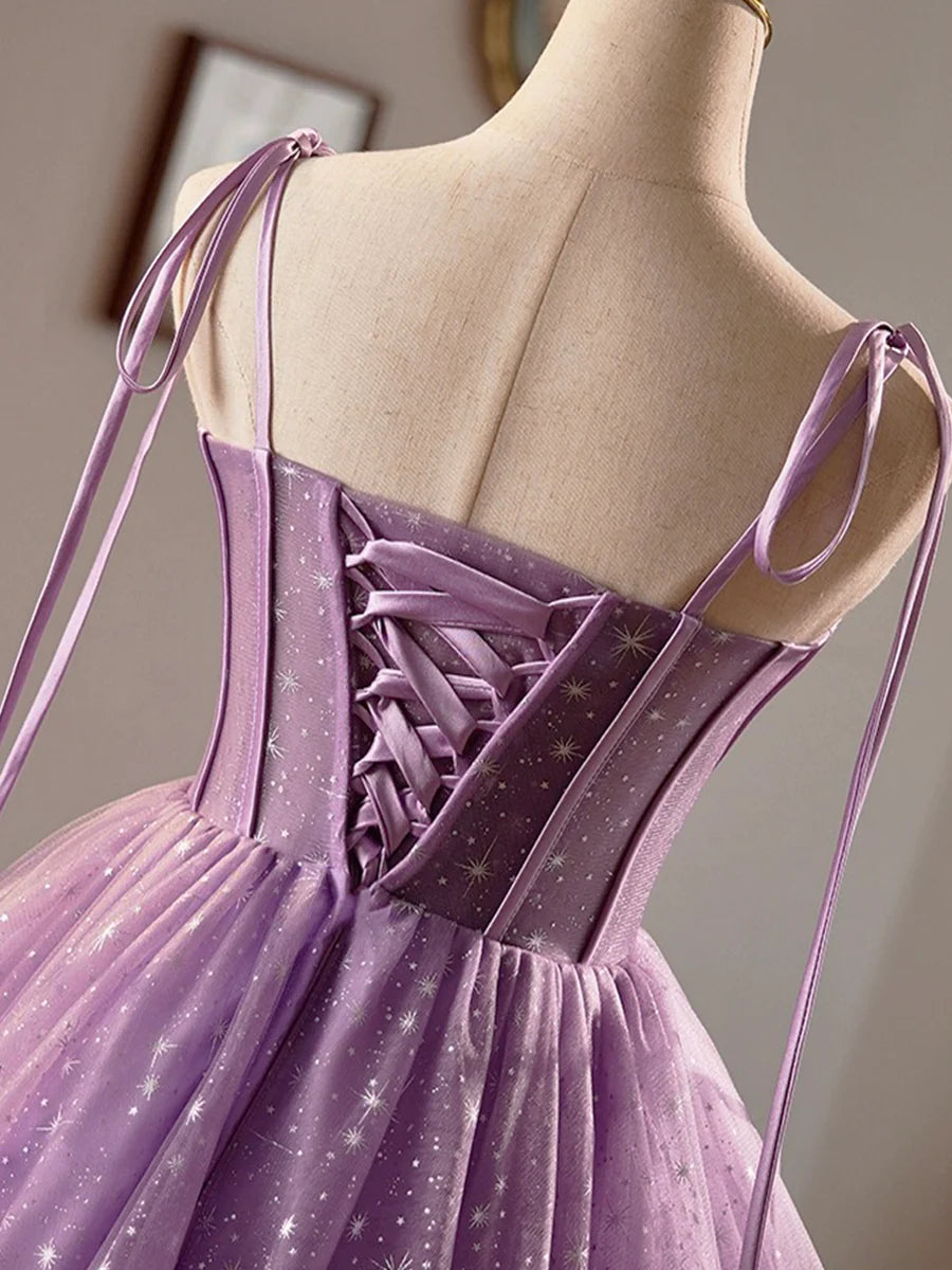 Purple Tulle A-Line Knee Length Party Dress, Lovely Spaghetti Strap Evening Prom Dress TP809