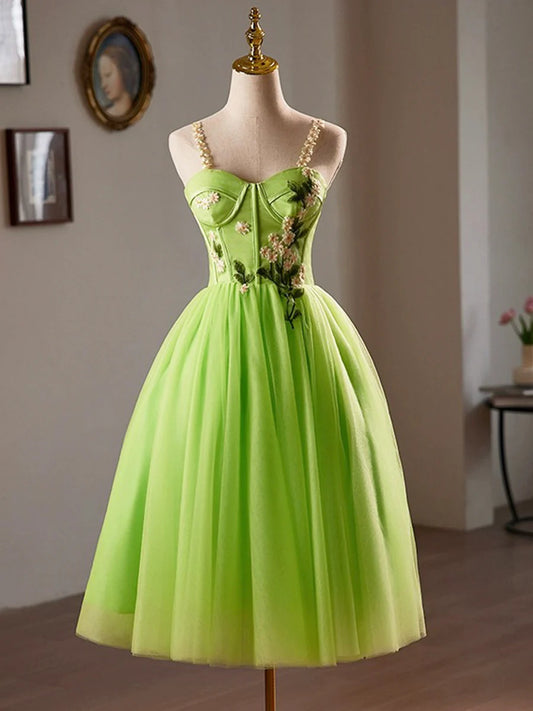 Beautiful Green Lace Flower Short Party Dress, Lovely Spaghetti Straps Sleeveless Backless Evening Dress TP811