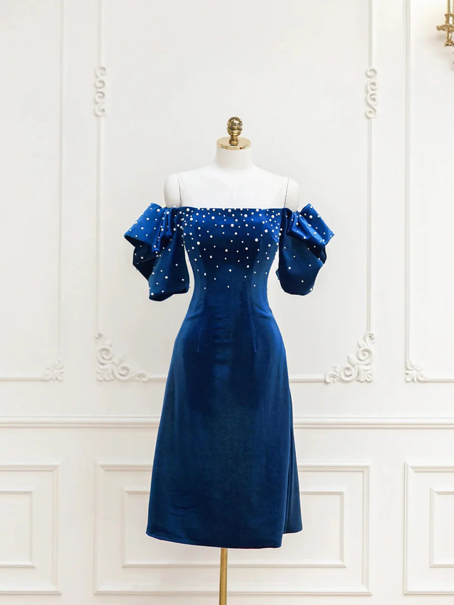 Blue Velvet A-Line Short Prom Dress with Pearls, Off the Shoulder Evening Party Dress TP812