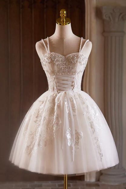 A-Line Tulle Beaded Short Prom Dress, Light Champagne Spaghetti Strap Party Dress TP813