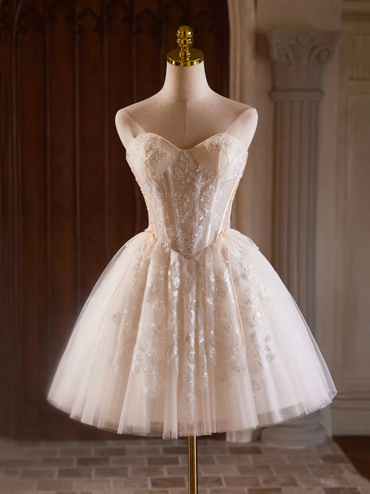 Champagne Strapless Tulle Sequins Short Prom Dress, Lovely Sweetheart Homecoming Party Dress TP816