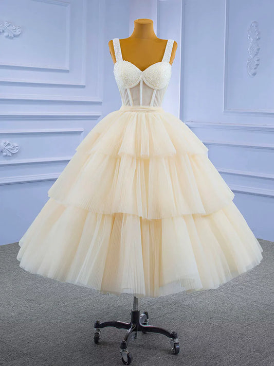 Champagne Tea Length Tulle Beaded Party Dress, Charming A-line Evening Graduation Dress TP817