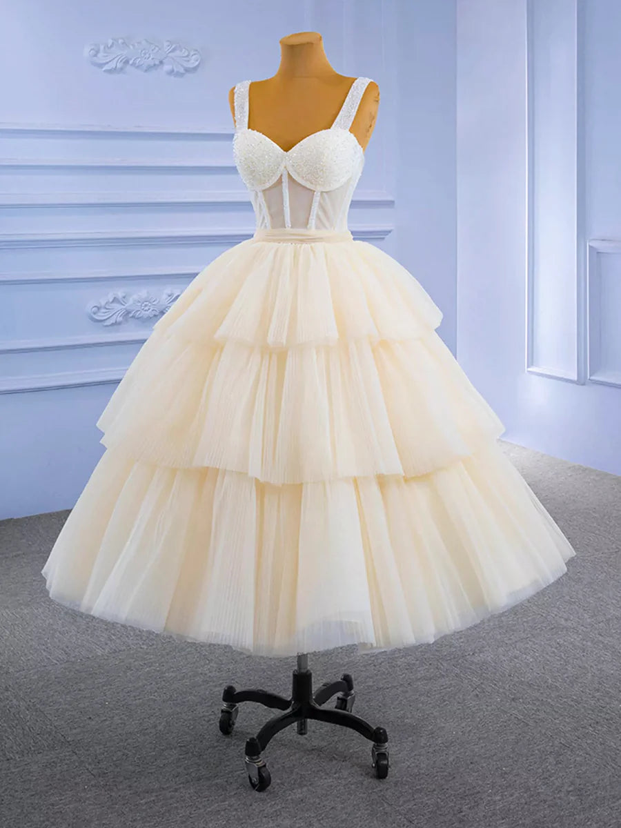 Champagne Tea Length Tulle Beaded Party Dress, Charming A-line Evening Graduation Dress TP817