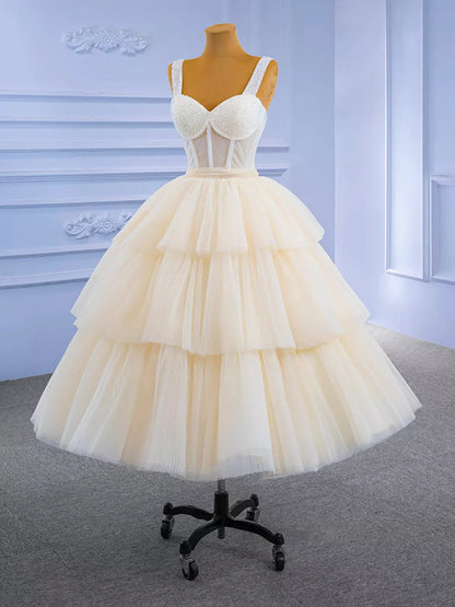 Champagne Tea Length Tulle Beaded Party Dress, Charming A-line Evening Graduation Dress TP817