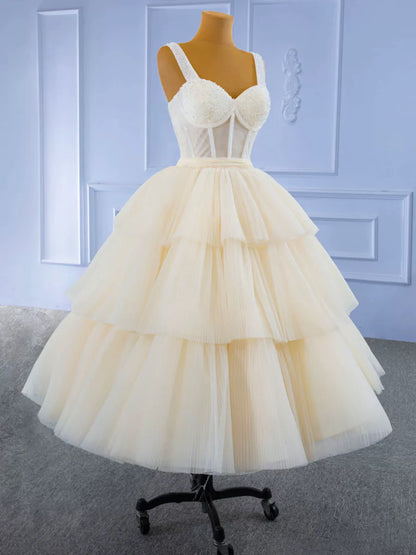 Champagne Tea Length Tulle Beaded Party Dress, Charming A-line Evening Graduation Dress TP817