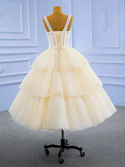 Champagne Tea Length Tulle Beaded Party Dress, Charming A-line Evening Graduation Dress TP817