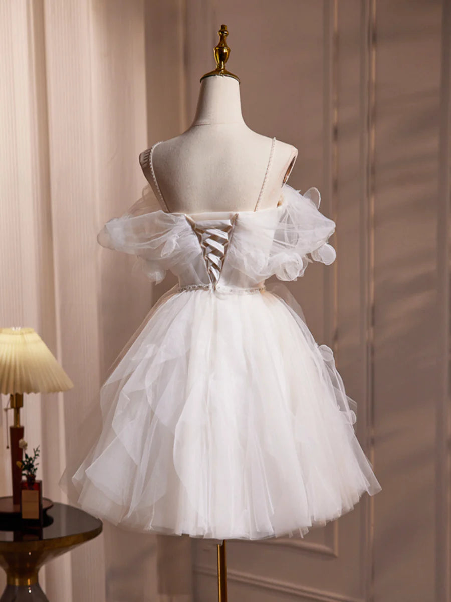 Ivory Spaghetti Strap Tulle Short Prom Dress, Lovely A-Line Evening Party Dress TP819