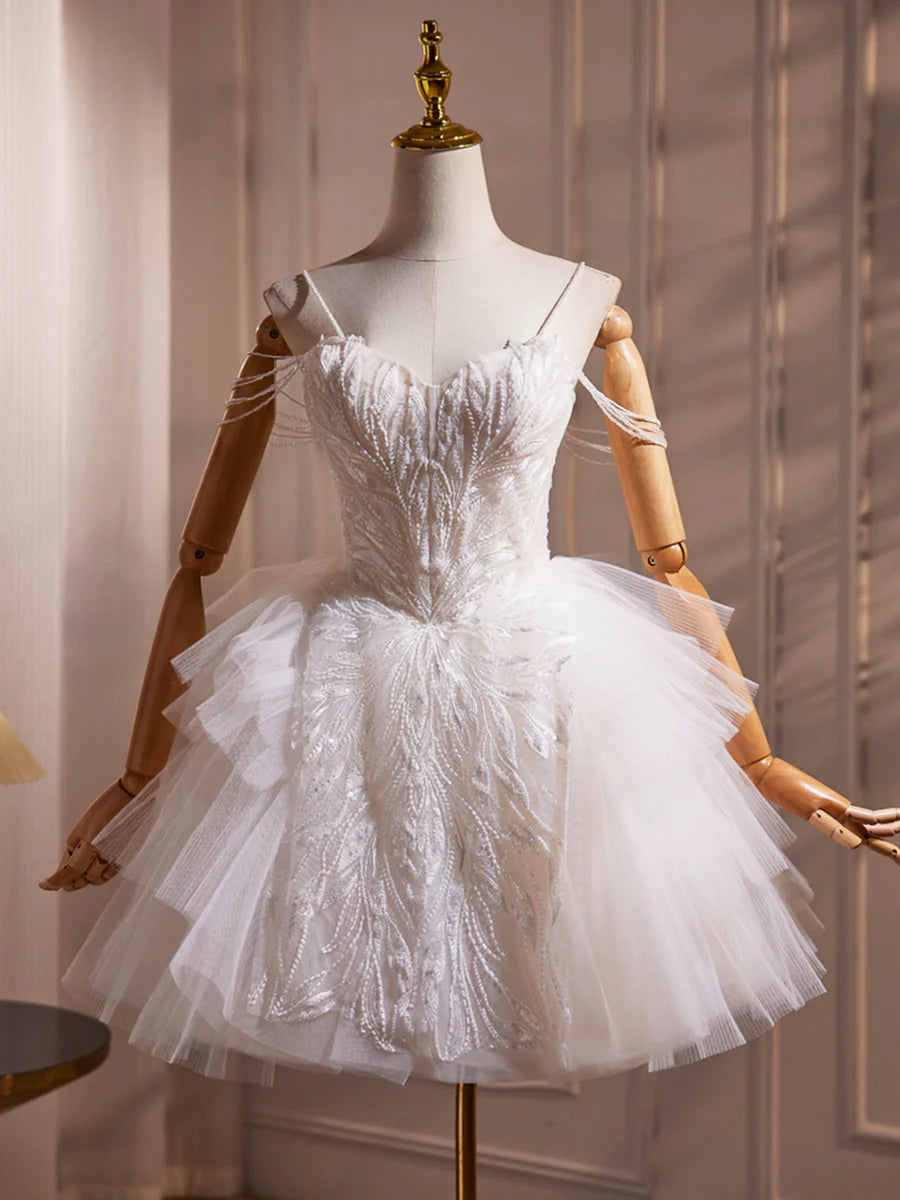 White Spaghetti Strap Tulle Beaded Short Prom Dress, Cute A-Line Party Dress TP821