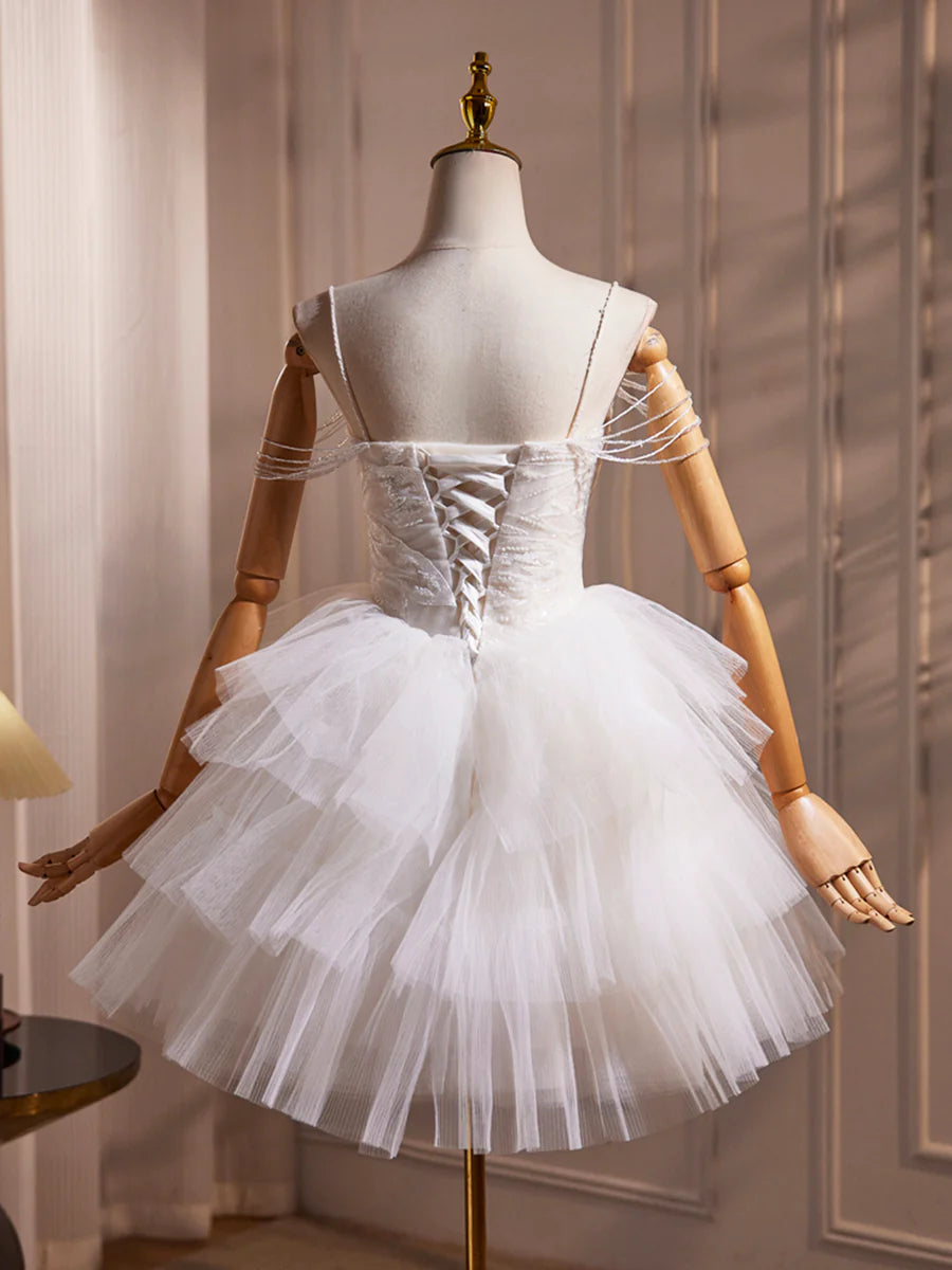 White Spaghetti Strap Tulle Beaded Short Prom Dress, Cute A-Line Party Dress TP821