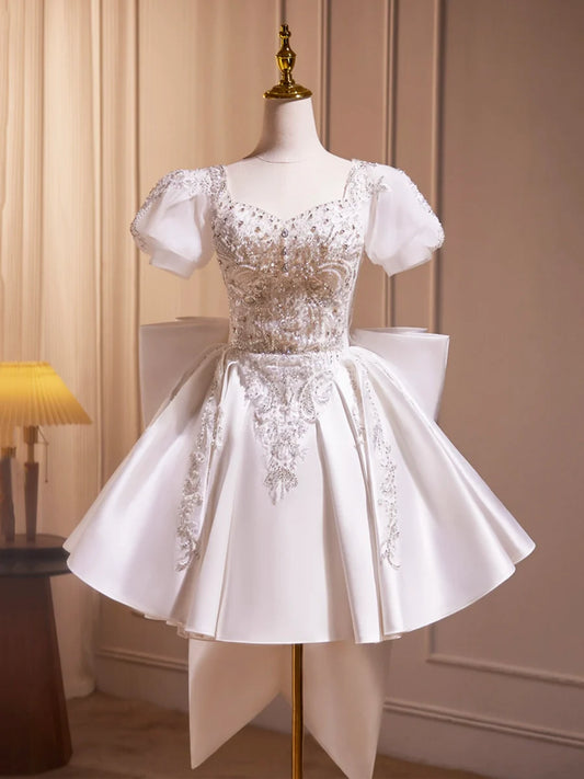 White Satin Beaded Knee Length Prom Dress, Cute A-Line Short Sleeve Party Dress with Bow TP822