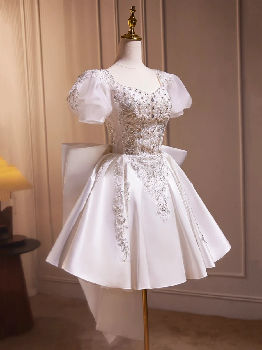 White Satin Beaded Knee Length Prom Dress, Cute A-Line Short Sleeve Party Dress with Bow TP822