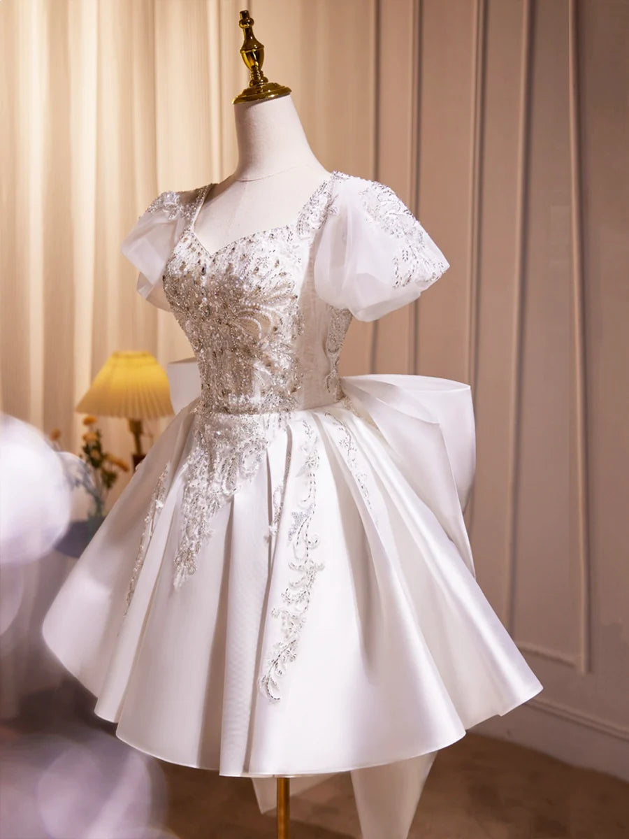 White Satin Beaded Knee Length Prom Dress, Cute A-Line Short Sleeve Party Dress with Bow TP822