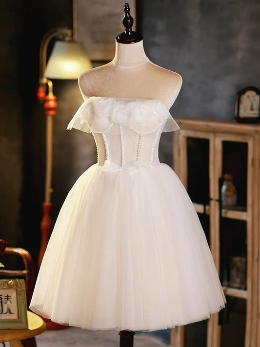 Light Champagne Strapless Tulle Short Prom Dress, Beautiful A-Line Evening Party Dress TP824