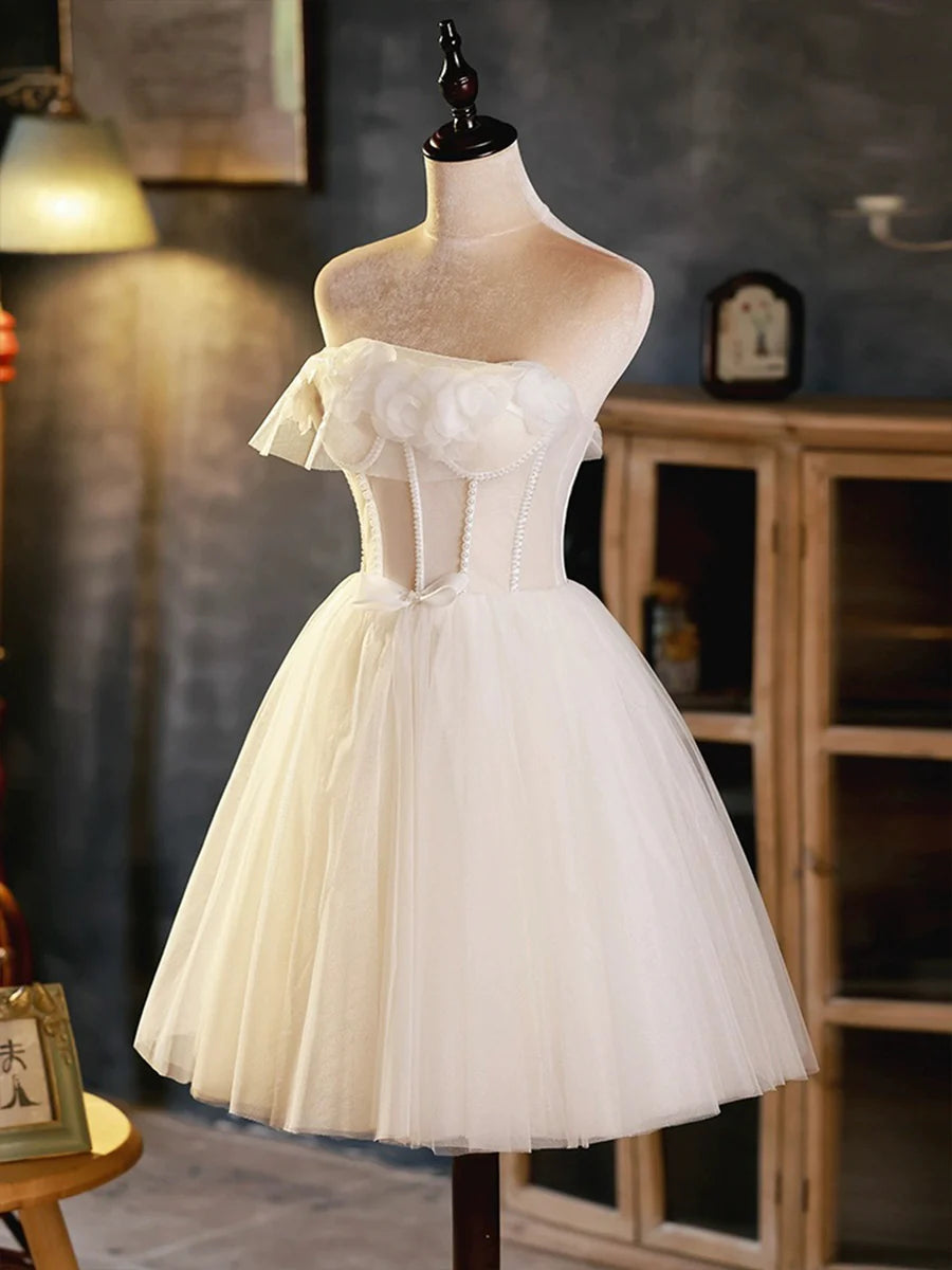 Light Champagne Strapless Tulle Short Prom Dress, Beautiful A-Line Evening Party Dress TP824