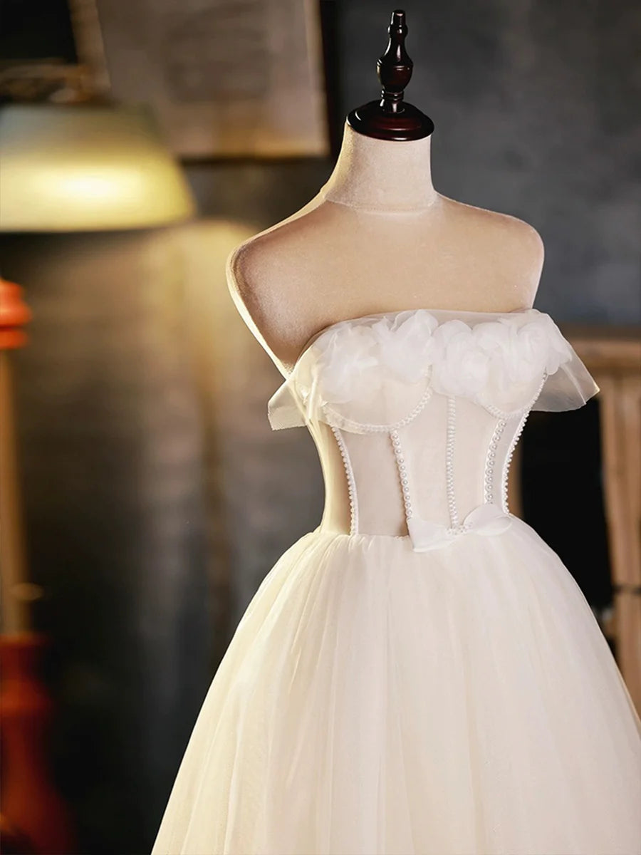 Light Champagne Strapless Tulle Short Prom Dress, Beautiful A-Line Evening Party Dress TP824