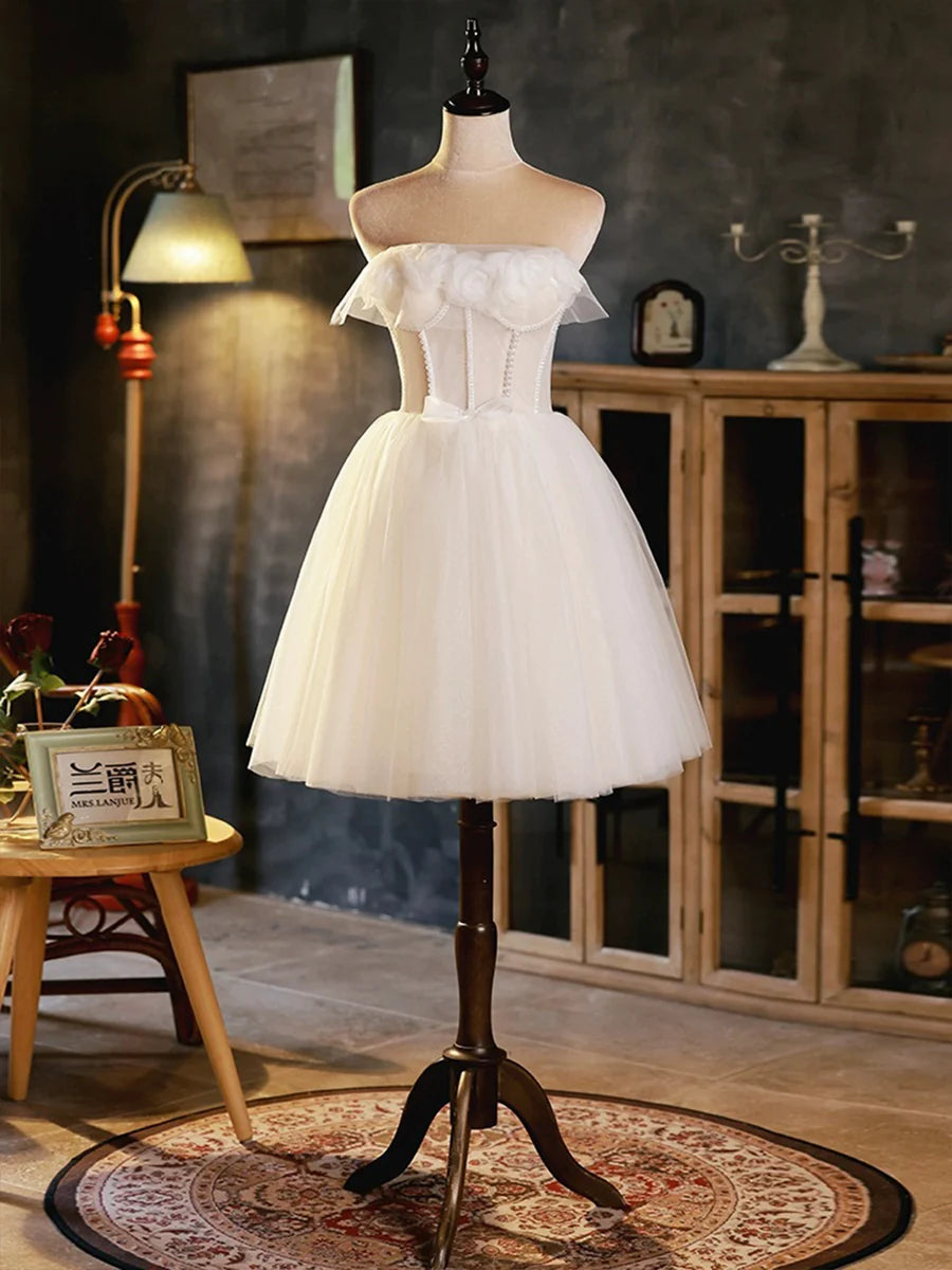 Light Champagne Strapless Tulle Short Prom Dress, Beautiful A-Line Evening Party Dress TP824