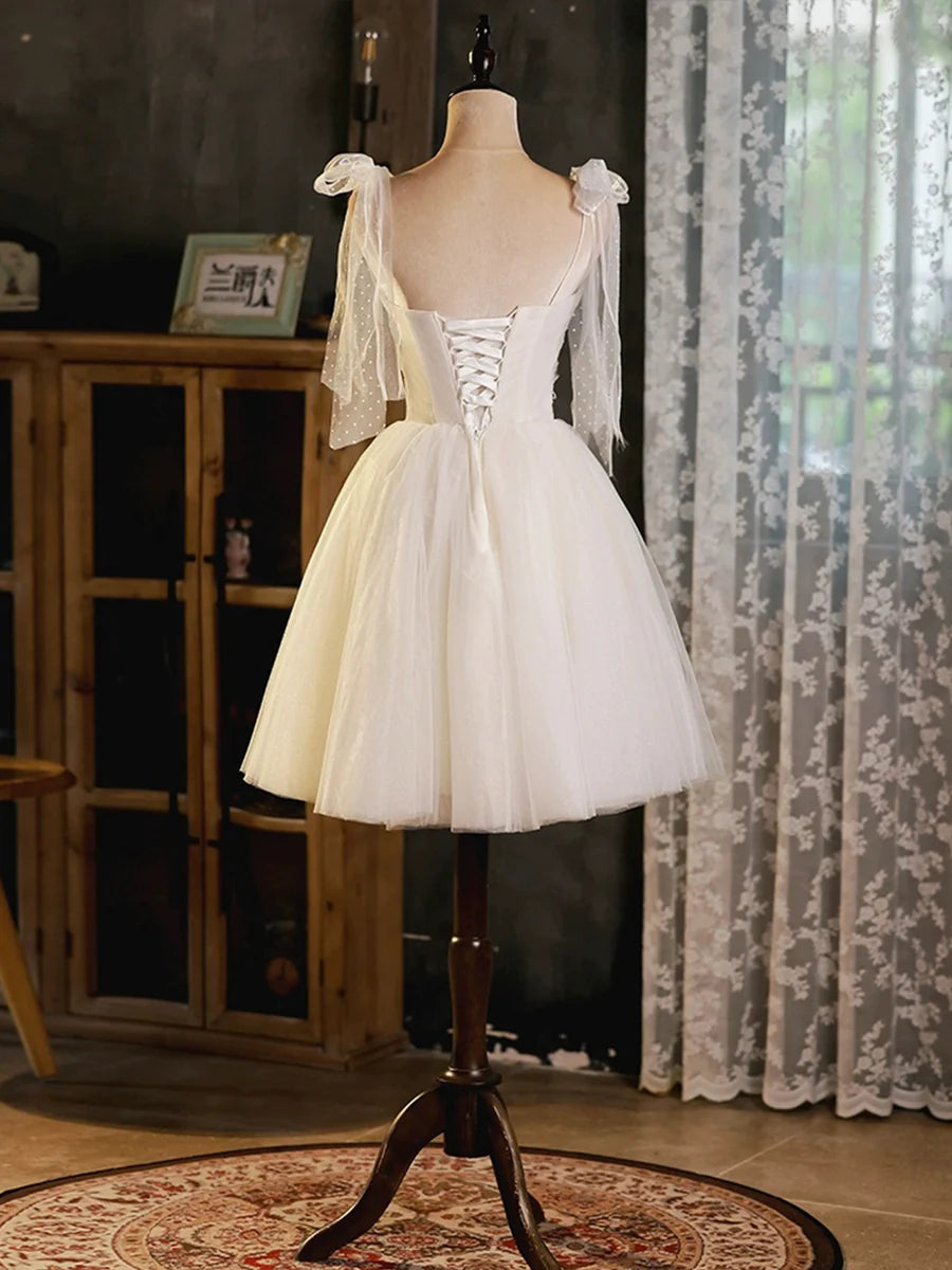 Light Champagne Short Tulle Homecoming Dress, Lovely A-Line Spaghetti Strap Evening Party Dress TP825