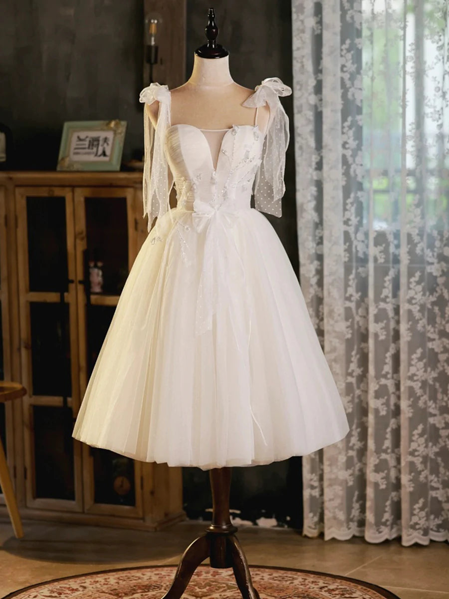 Light Champagne Short Tulle Homecoming Dress, Lovely A-Line Spaghetti Strap Evening Party Dress TP825