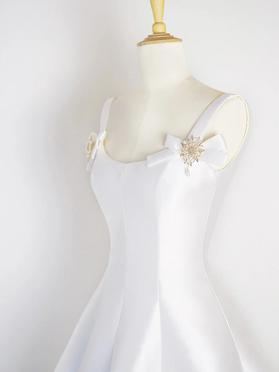 White Satin Short Prom Dress, Simple A-Line Evening Party Dress TP826