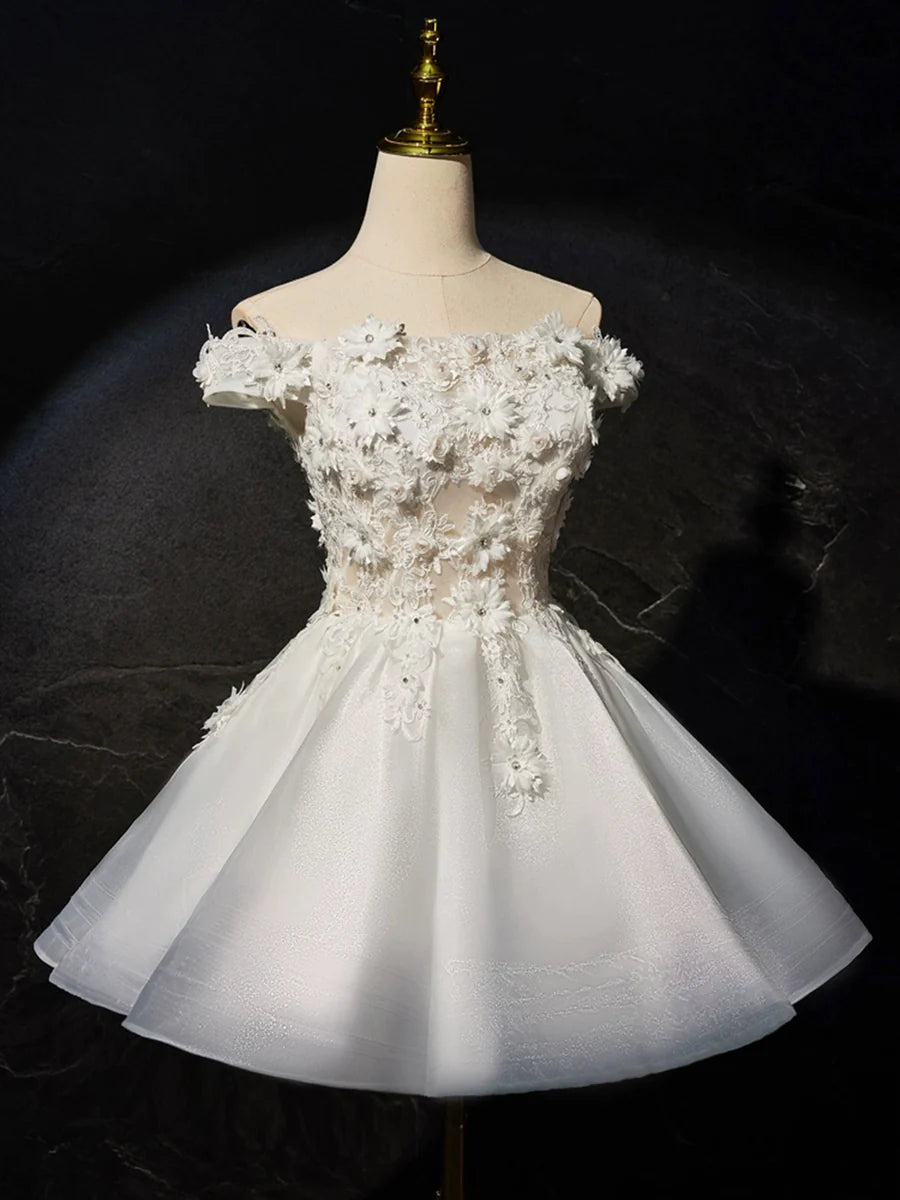 White Flowers Lace Short Prom Dress, Lovely A-Line Evening Party Dress TP828