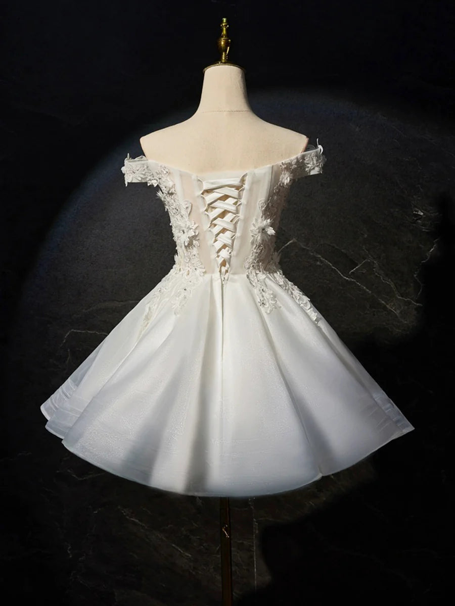 White Flowers Lace Short Prom Dress, Lovely A-Line Evening Party Dress TP828