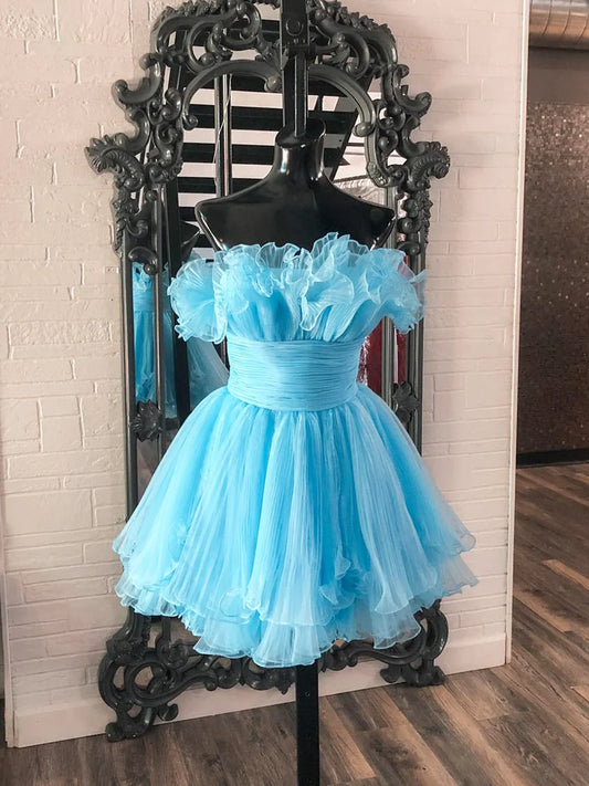 Lovely Blue Strapless A-Line Short Prom Dress, Organza Pleated Ruffle Tiered Homecoming Dress TP831