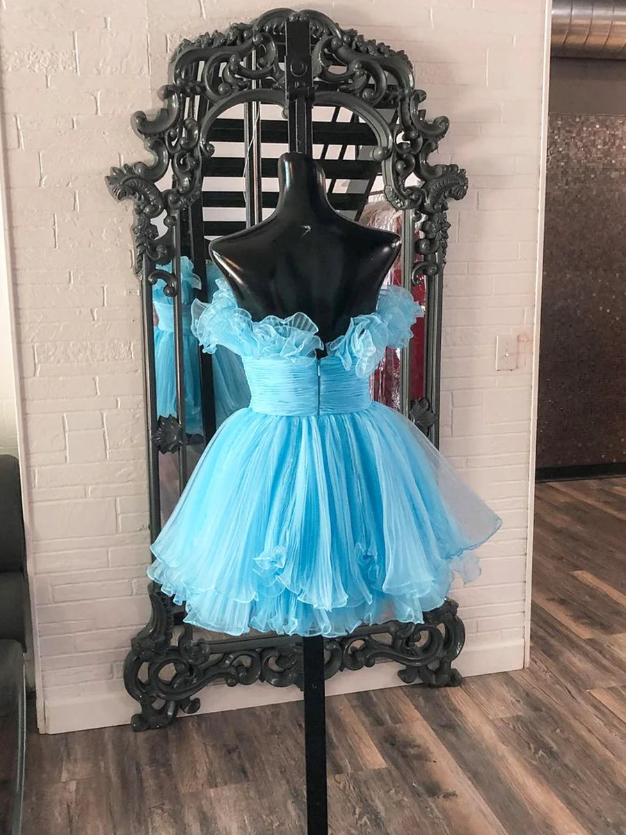 Lovely Blue Strapless A-Line Short Prom Dress, Organza Pleated Ruffle Tiered Homecoming Dress TP831