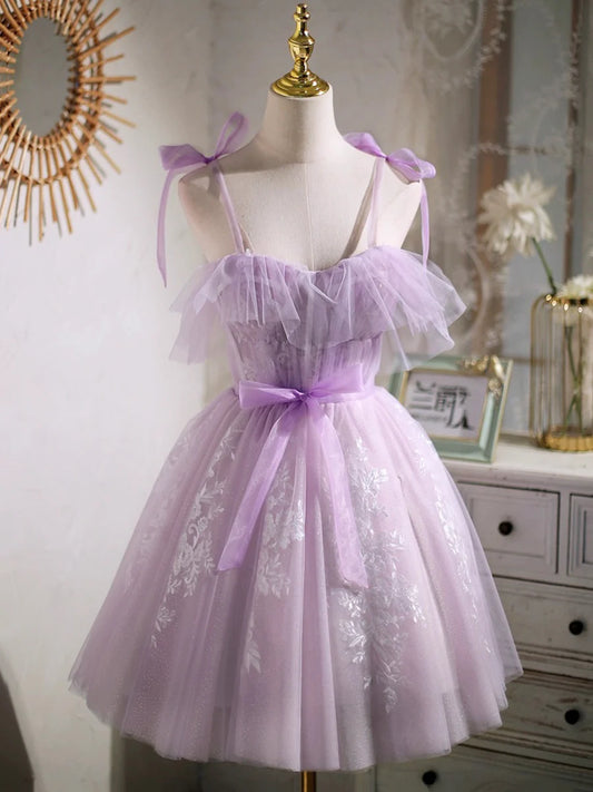 Lovely Spaghetti Strap Tulle Lace Short Prom Dress, Lavender A-Line Party Dress TP834