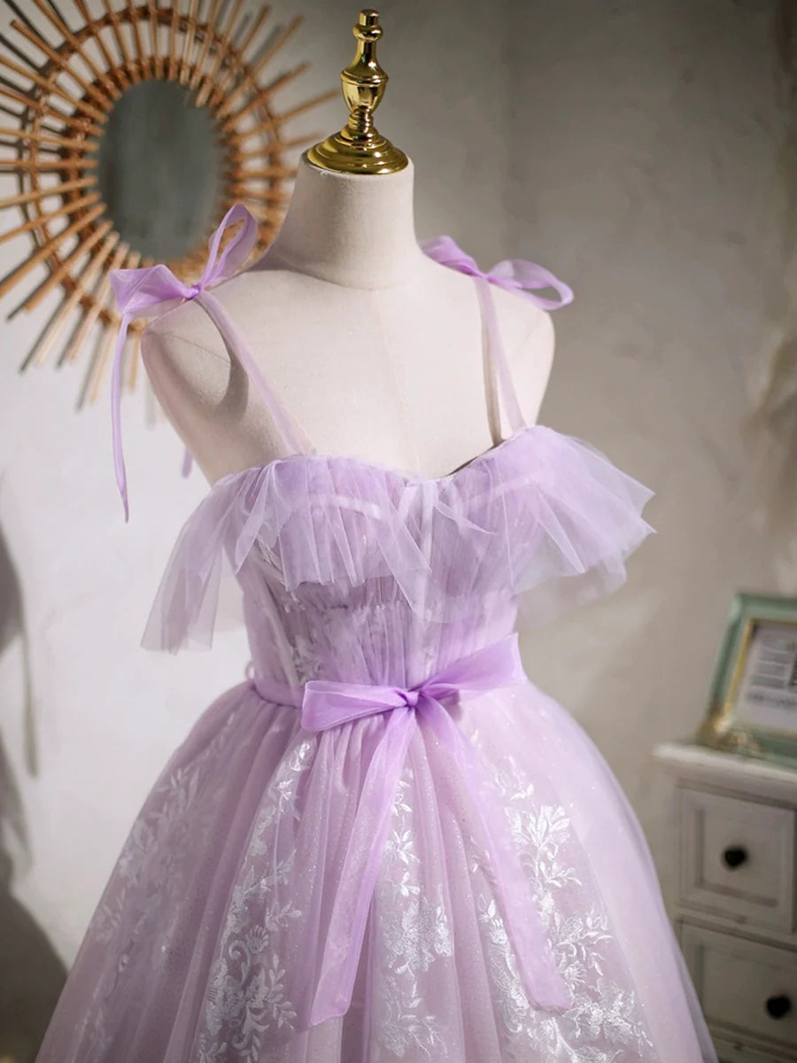 Lovely Spaghetti Strap Tulle Lace Short Prom Dress, Lavender A-Line Party Dress TP834