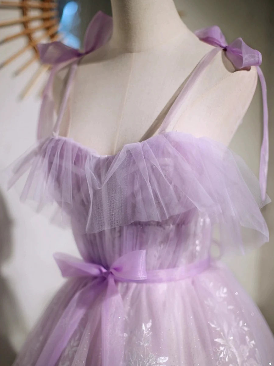 Lovely Spaghetti Strap Tulle Lace Short Prom Dress, Lavender A-Line Party Dress TP834