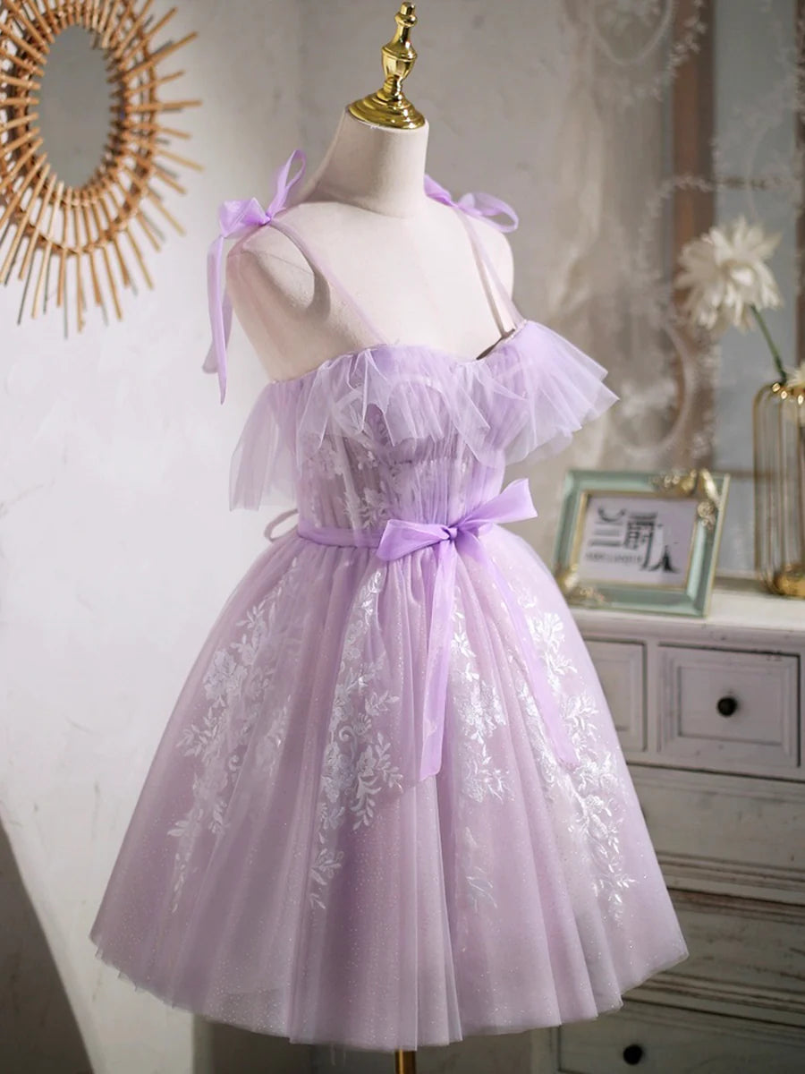 Lovely Spaghetti Strap Tulle Lace Short Prom Dress, Lavender A-Line Party Dress TP834