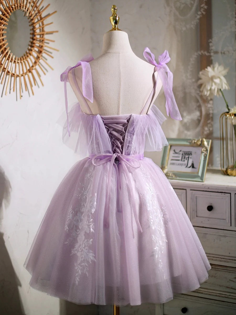 Lovely Spaghetti Strap Tulle Lace Short Prom Dress, Lavender A-Line Party Dress TP834