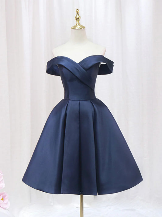 Blue V-neckline Satin Off Shoulder Party Dress, A-Line Blue Short Evening Prom Dress TP837