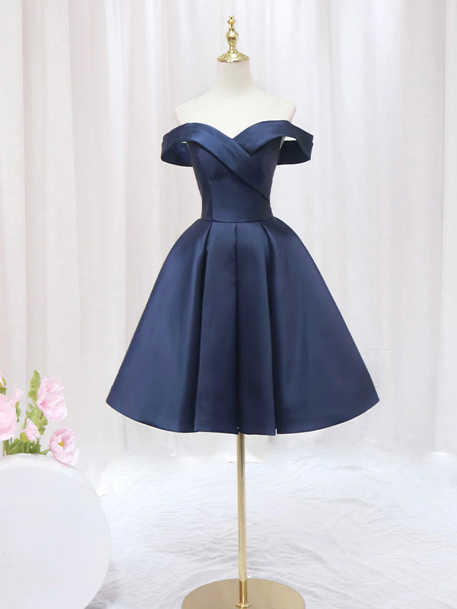 Blue V-neckline Satin Off Shoulder Party Dress, A-Line Blue Short Evening Prom Dress TP837