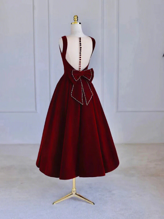 Burgundy Tea Length Velvet Prom Dress with Bowknot, Burgundy Evening Party Dress TP839