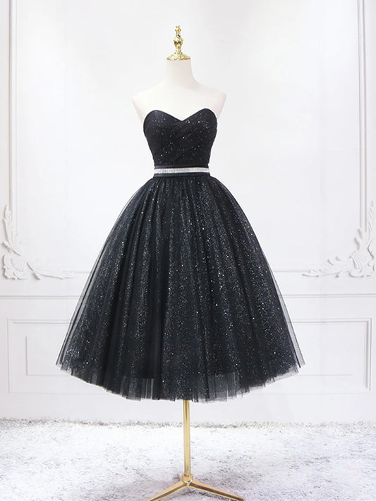 Black Shiny Tulle Tea Length Prom Dress, Black Strapless A-Line Party Dress TP840